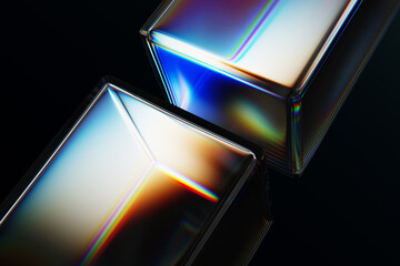 Poster - Black 3d background with glass chromatic cube block shapes render. Abstract crystal diagonal pattern with rainbow caustic effect, neon light holographic gradient. Digital tech bg. 3D illustration
