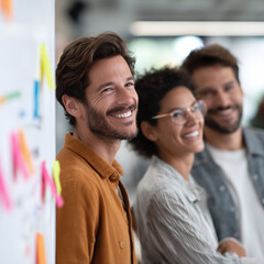 Poster - Focused team of diverse professionals, smiling, standing together with a whiteboard of ideas. Represents collaboration, innovation, and success.