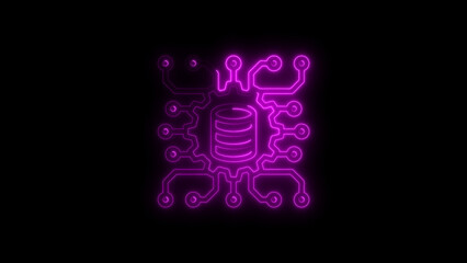 Glowing neon circuit board with database icon in futuristic technological concept