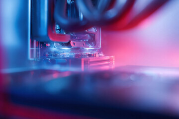 Poster - Macro shot of a computer motherboard bathed in neon light. Evokes technology, innovation, processing power. Ideal for tech blogs, futuristic concepts, gaming content.