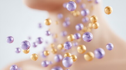 Poster - Woman's neck is covered in a cloud of purple and gold serum molecules