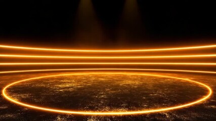 Circular Stage with Orange Neon Lines Under Three Spotlights in Dark Background