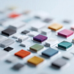 Poster - Modern, colorful semiconductors arrayed on a clean surface. Evokes technology, innovation, computing, and data. Ideal for websites, presentations, and design projects.