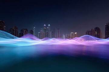 Poster - Futuristic skyline at night with glowing data waves. Perfect for tech, finance, or innovation concepts. Illustrates connectivity and progress. Great for web design.