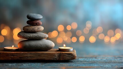 Poster - Exploring Daily Growth Ritual With Stacked Pebbles and Candlelight on Wooden Board in Serene Ambiance
