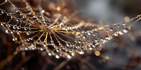 Wall Mural - A stunning spider web adorned with raindrops creates an artistic display, showcasing the beauty of nature with intricate details in the spider web and the shimmering droplets.