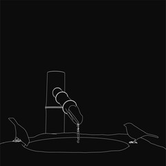 Poster - A black and white bird perches atop a sculpted fountain, its contours highlighted against a dark background. Water flows from a bottle into the pool below, creating a serene garden scene.