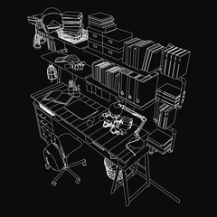 Poster - A black and white illustration of a school desk with a chair, featuring books, a lamp, a bottle, and a pen stand. The dark background enhances the mysterious yet organized contour set.