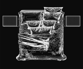 Poster - A black and white Scandinavian-style contour drawing of a food bag filled with fruits, vegetables, and grains on a dark background. The detailed illustration resembles a lifelike still life.