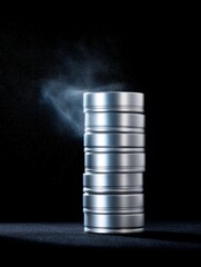 Poster - A stack of shiny metallic containers rests against a dark background. Each container has a unique shine, highlighting its sleek design. Perfect for product displays or packaging inspiration. AI