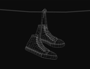 Poster - A pair of sneakers hangs on a clothes line against a black background, rendered in detailed 3D for a realistic appearance. The wireframe structure highlights the shoe design while the rope adds.