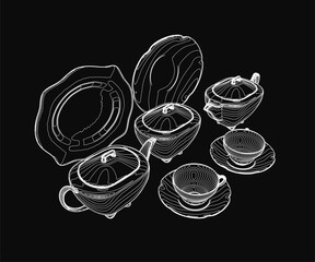 Poster - Black and white contour illustration of tea cups and saucers arranged symmetrically on a solid black background. The largest cup is centered with two smaller cups flanking it.