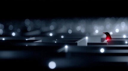 Poster - A captivating digital landscape featuring a small red figure in a maze of shimmering lights. The setting conveys a sense of mystery and exploration. Perfect for tech or fantasy themes. AI
