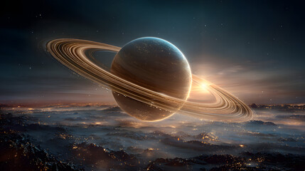 Wall Mural - Solar System. Saturn planet with glowing rings in space with stars and