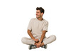 © Asier - Young caucasian man sitting on the floor isolated on white background looks aside smiling, cheerful and pleasant.