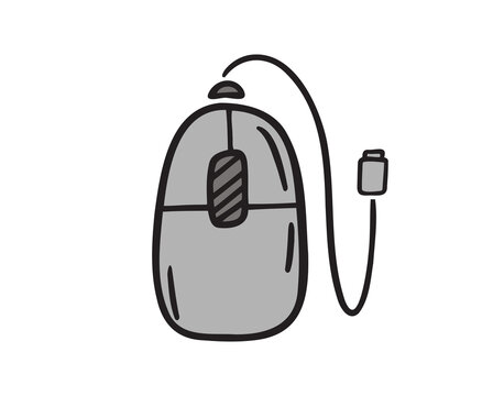computer mouse with wire icon doodle hand drawn. colorful cartoone line drawing clipart symbol