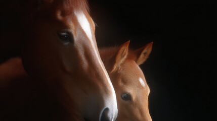 Poster - Majestic horses in a dark setting. Their powerful forms exhibit grace and beauty. This artistic image captures the essence of equine elegance. Perfect for nature and animal lovers. AI