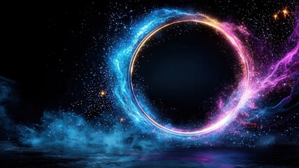 Poster - Neon circle glowing amid swirling smoke, sparkling glitter casting vibrant, futuristic luminescence against dark background