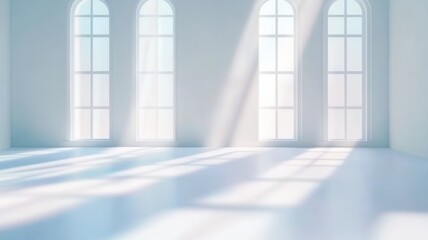 Poster - Bright sunlight illuminating an empty room through arched windows, creating a peaceful atmosphere