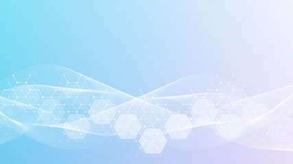 Poster - Health care or medical abstract background with hexagons, lines and dots. Scientific innovation banner template concept. Biology and pharmaceutical technology background. Vector illustration.