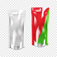 Wall Mural - white blank hanging stand-up pouch with transparent front and bottom. realistic 3d vector mockup. te