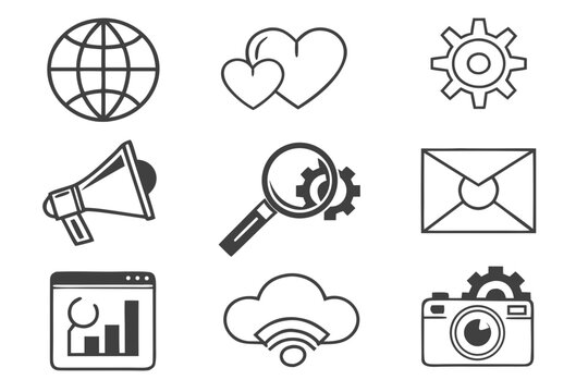 A set of simple line icons showing a globe, hearts, gear, megaphone, magnifier, mail, browser, cloud, and camera
