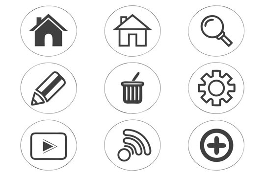 A collection of simple line icons in circles, depicting home, magnifier, pencil, delete, gear, play, wifi, and plus