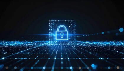Poster - Digital Security and Data Protection Concept Featu a Glowing Lock Icon on a Futuristic Network Background With Data Stream Lines and Digital Grid