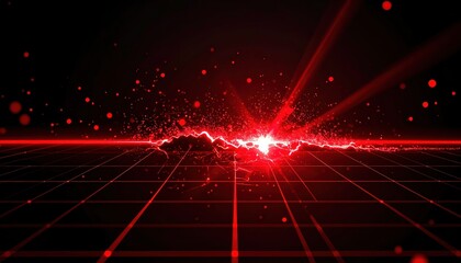 Poster - Futuristic digital landscape with vibrant red light effects and glowing grid pattern creating an energetic high-tech environment and dynamic visual display