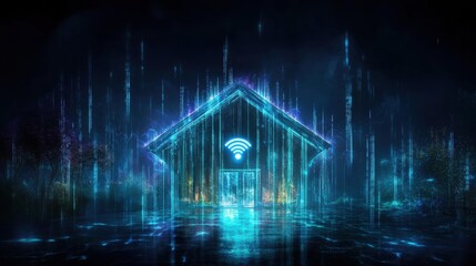 Poster - Futuristic house with wifi symbol and digital data streams at night