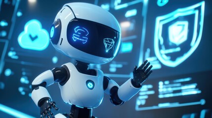 Poster - Robot presenting data in futuristic control room at night