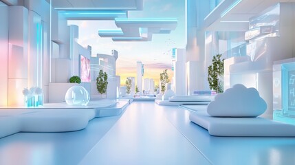 Poster - Futuristic indoor cityscape with minimalist furniture and plants