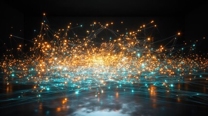 Poster - Abstract network of glowing points and light trails in dark space