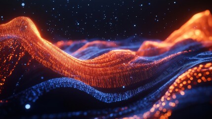 Poster - Dynamic abstract waves of orange and blue light particles