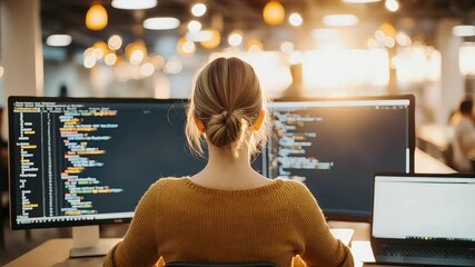 Woman coding on computer with code displayed on a large monitor screen
