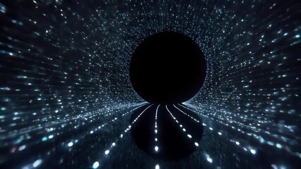 Poster - Futuristic digital tunnel with glowing blue lights, cosmic space inspired abstract design featuring dark sphere center, creating virtual sci fi environment with dynamic light patterns and immersive