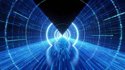 Poster - Futuristic digital tunnel featuring glowing blue lights, high tech corridor with vibrant illumination, digital lines, circular patterns, and digital grid creating dynamic motion and sci fi atmosphere
