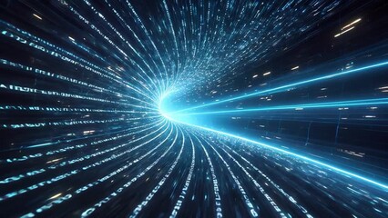 Poster - Futuristic tunnel with glowing blue lines and digital data streams showcasing high speed technology and dynamic motion, evoking innovation, progress, and flow within digital universe featuring