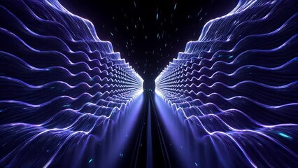Poster - Futuristic digital tunnel featuring vibrant neon light trails, glowing symmetry, and abstract high tech design with glowing purple and blue hues, creating immersive light trails and dynamic motion