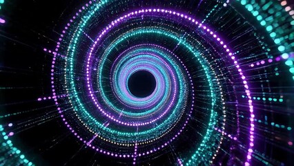 Poster - Futuristic Digital Tunnel Featuring Vibrant Light Circles, Glowing Dots and Lines, Neon Effects, and Dynamic Patterns in High Tech Abstract Design with Vivid Colors