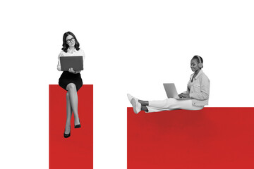 Poster - Creative drawing collage picture of two people communicate network office outsource remote work red rectangle magazine surrealism metaphor