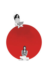Poster - Creative artwork template collage of two friends colleagues girls communicate chat new message red circle magazine surrealism metaphor