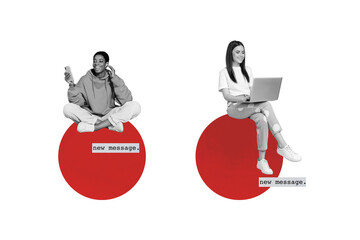 Poster - Creative poster collage of two friends colleagues communicate network chat new message video call red circle magazine surrealism metaphor