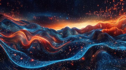 Poster - Abstract digital landscape with glowing particles at night