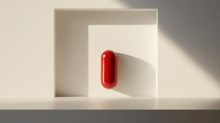 Poster - Red capsule standing upright in minimalist studio setting