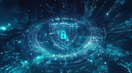 Poster - Digital shield with glowing padlock in abstract space
