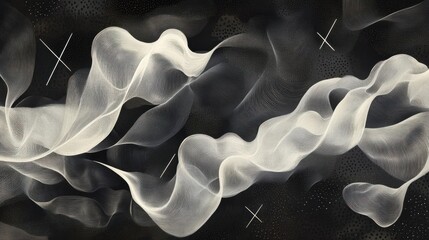 Poster - Abstract shapes resembling flowing fabric and smoke in black and white