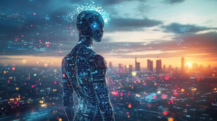 Poster - Male humanoid robot in futuristic cityscape at sunset
