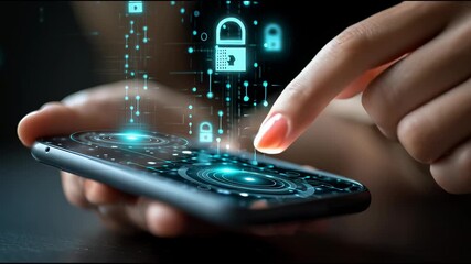 Poster - Close-up of a hand using a mobile phone for hacking via public Wi-Fi, with digital locks and padlock icons hovering around