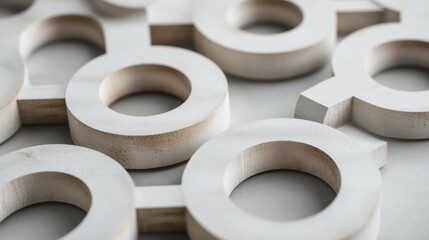 Poster - Interlocking wooden circles on flat surface in modern studio